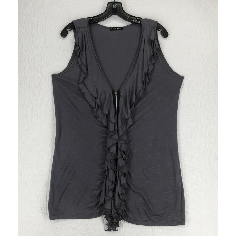 Tammy Mars Blouse Size L Sleeveless Ruffle Front Full Zip Stretch Gray